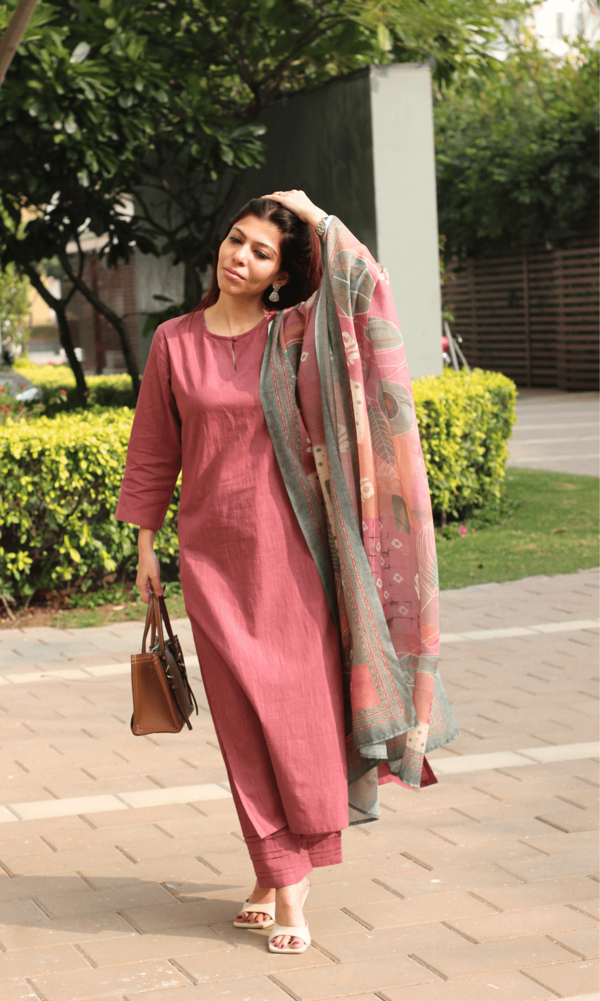 Cotton Slub Rose Suit with Mul Printed Dupatta - Baareeki