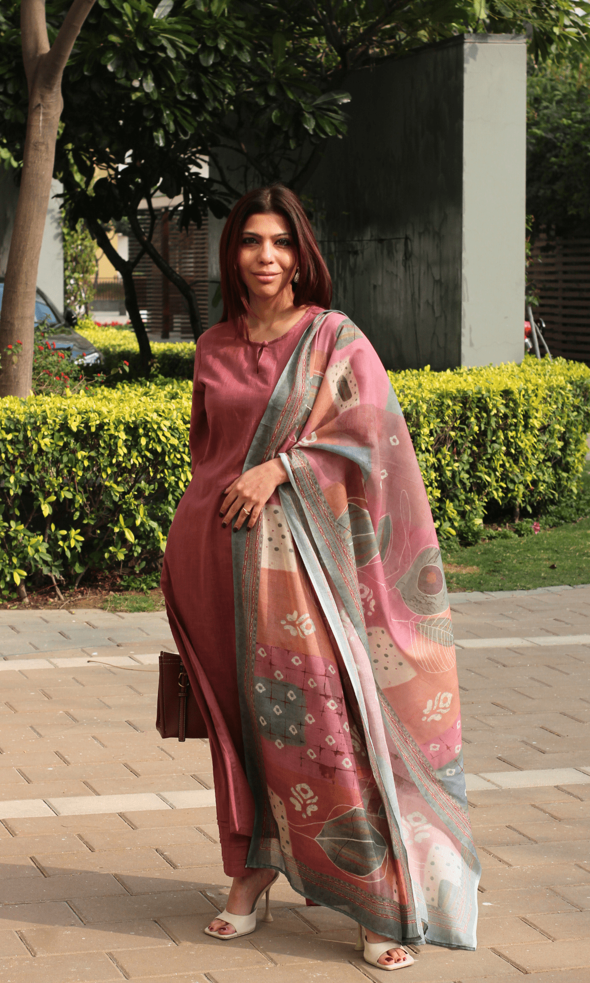 Cotton Slub Rose Suit with Mul Printed Dupatta - Baareeki