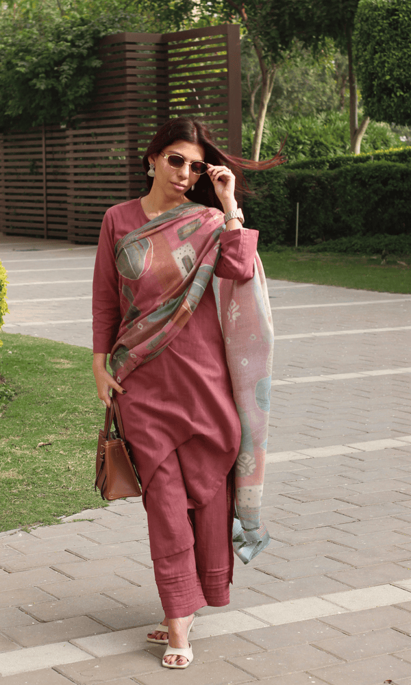 Cotton Slub Rose Suit with Mul Printed Dupatta - Baareeki