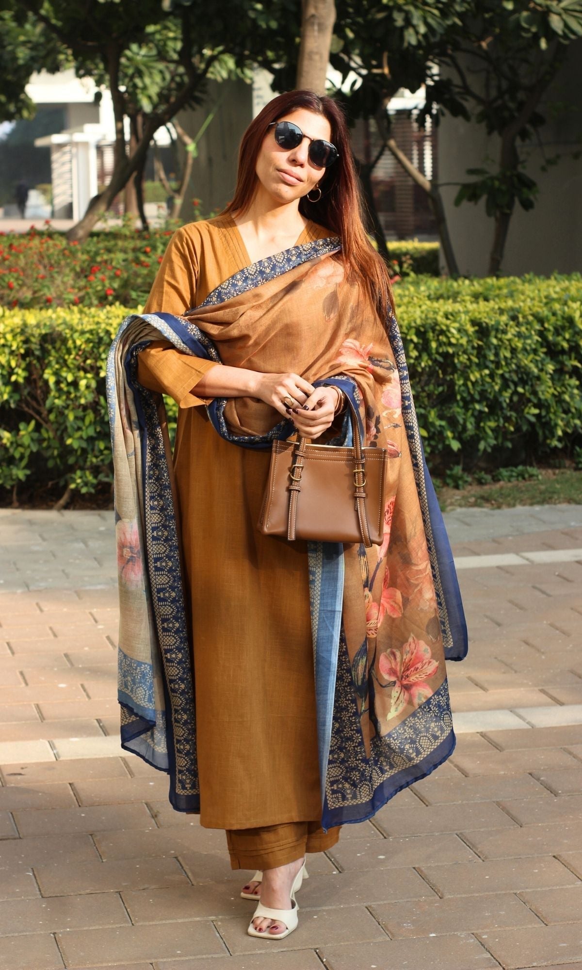 Cotton Slub Solid Copper Suit with Mul Printed Dupatta - Baareeki