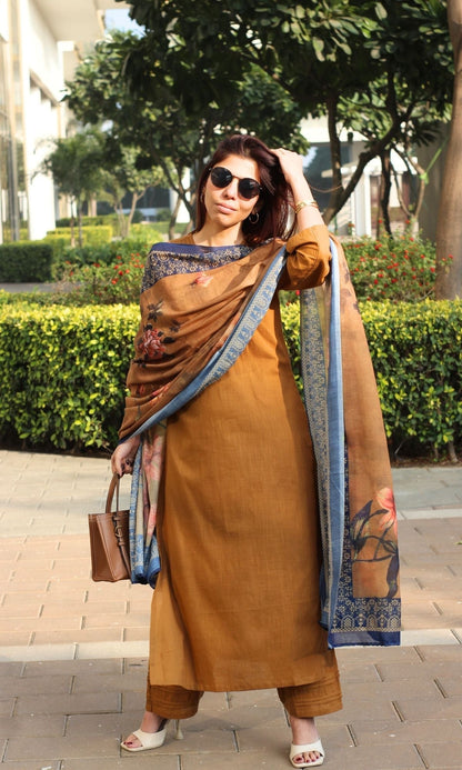 Cotton Slub Solid Copper Suit with Mul Printed Dupatta - Baareeki