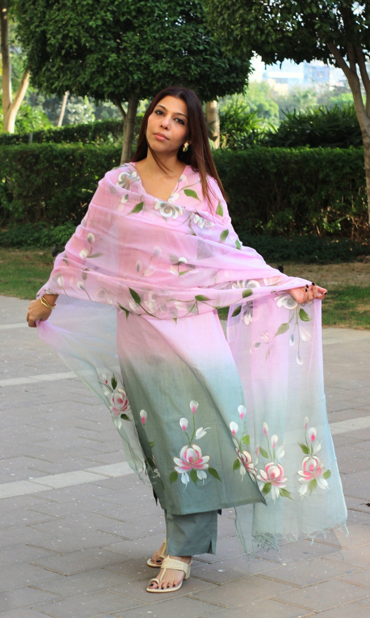 Cotton Soft Pink Ombré Handpainted Suit with Kota Doria Handpainted Dupatta - Baareeki