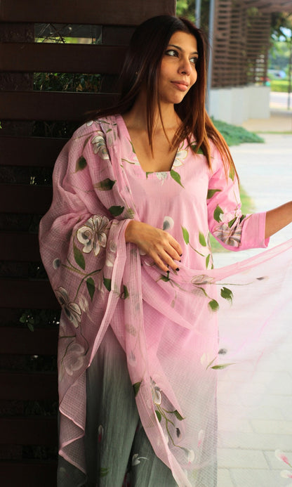 Cotton Soft Pink Ombré Handpainted Suit with Kota Doria Handpainted Dupatta - Baareeki