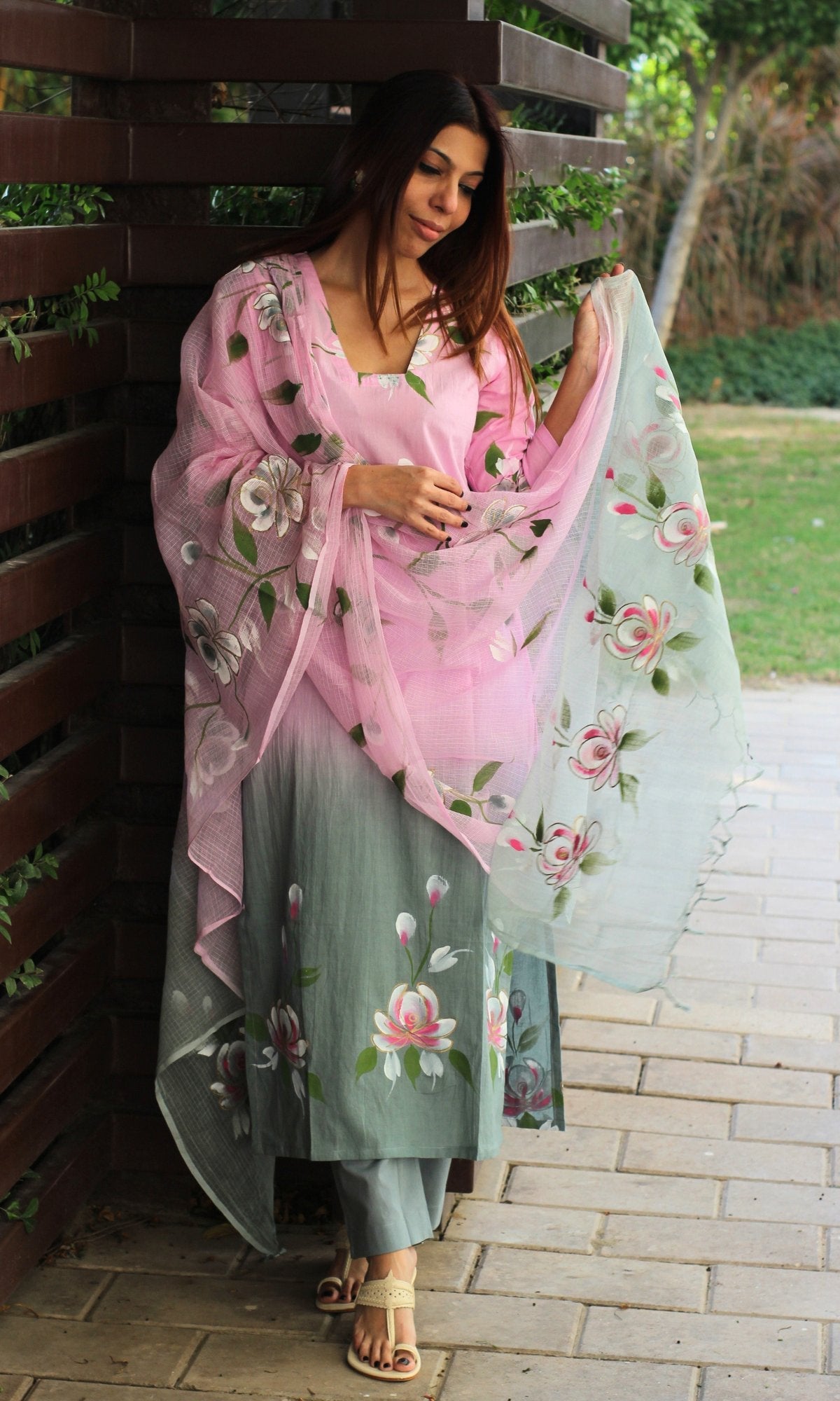 Cotton Soft Pink Ombré Handpainted Suit with Kota Doria Handpainted Dupatta - Baareeki