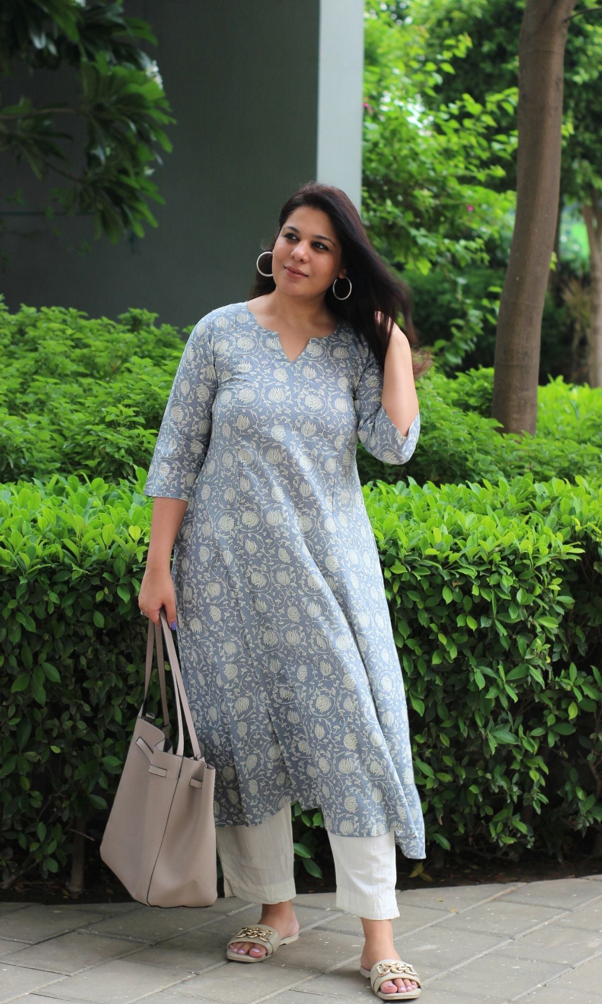 Cotton Steel Blue Printed Kali Kurta - Baareeki