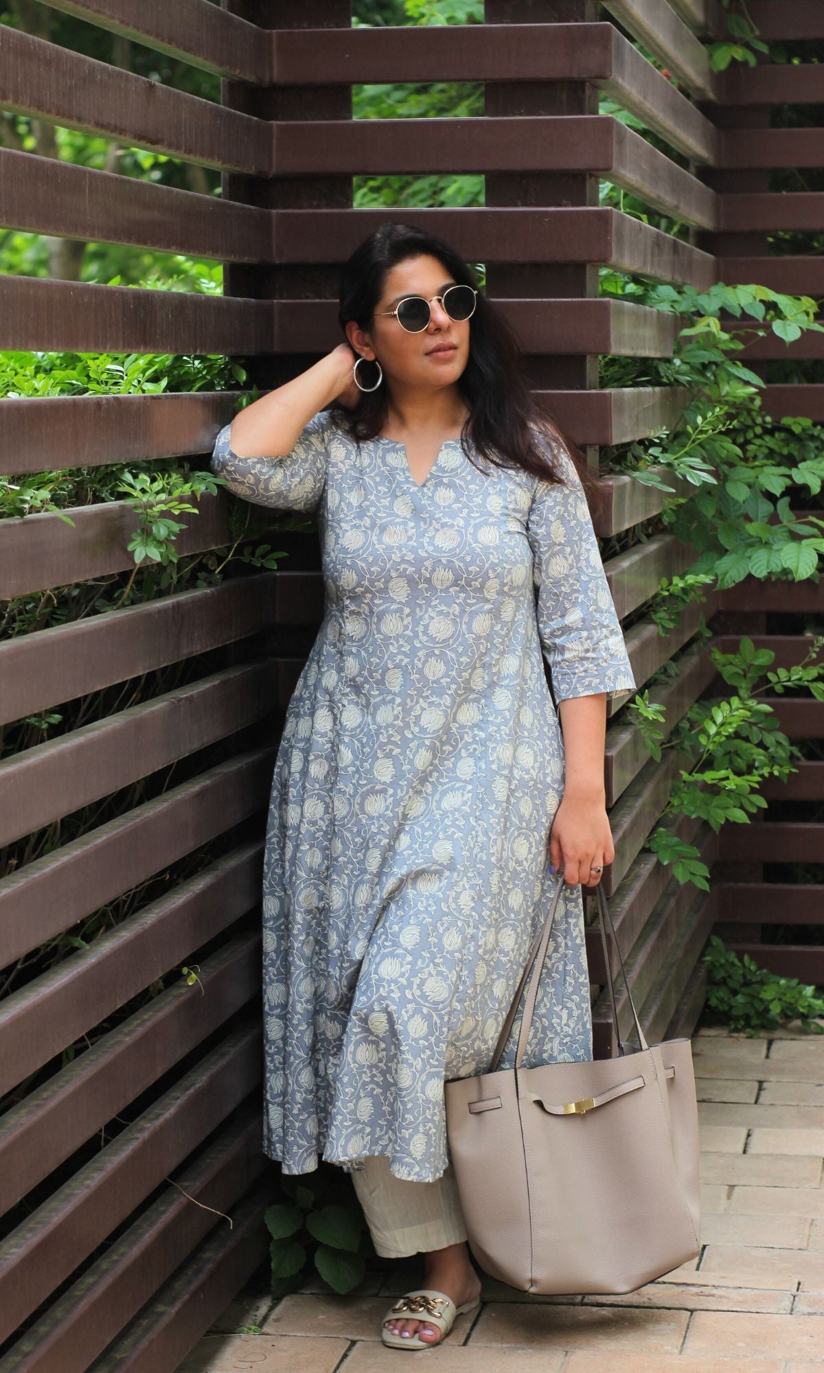 Cotton Steel Blue Printed Kali Kurta - Baareeki