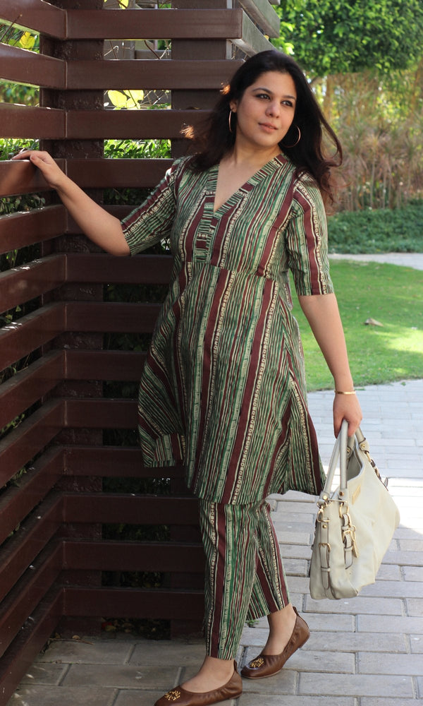 Cotton Vanaspati Ajrakh Green A-line Coord Set - Baareeki