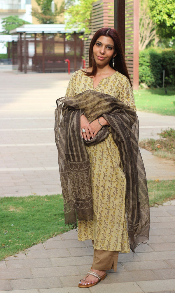 Cotton Vanaspati Brown Handblock Suit Set with Kota Doria Dupatta - Baareeki