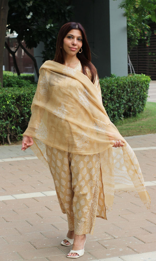 Cotton Wheat Handblock Suit Set with Kota Doria Printed Dupatta - Baareeki