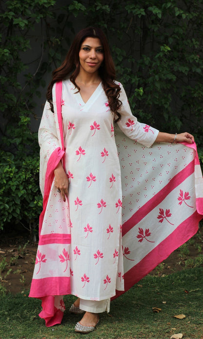 Cotton White and Pink Maple Print Suit Set with Cotton Printed Dupatta - Baareeki