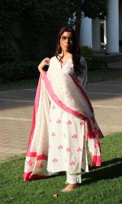 Cotton White and Pink Maple Print Suit Set with Cotton Printed Dupatta - Baareeki