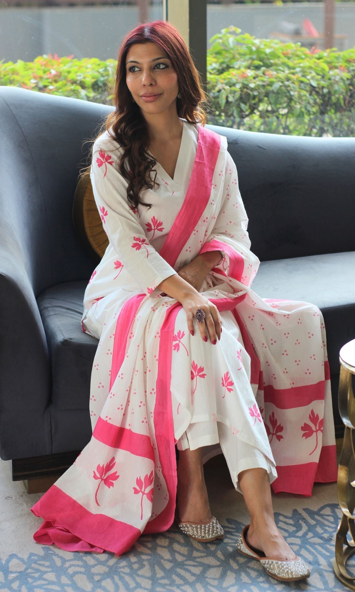 Cotton White and Pink Maple Print Suit Set with Cotton Printed Dupatta - Baareeki