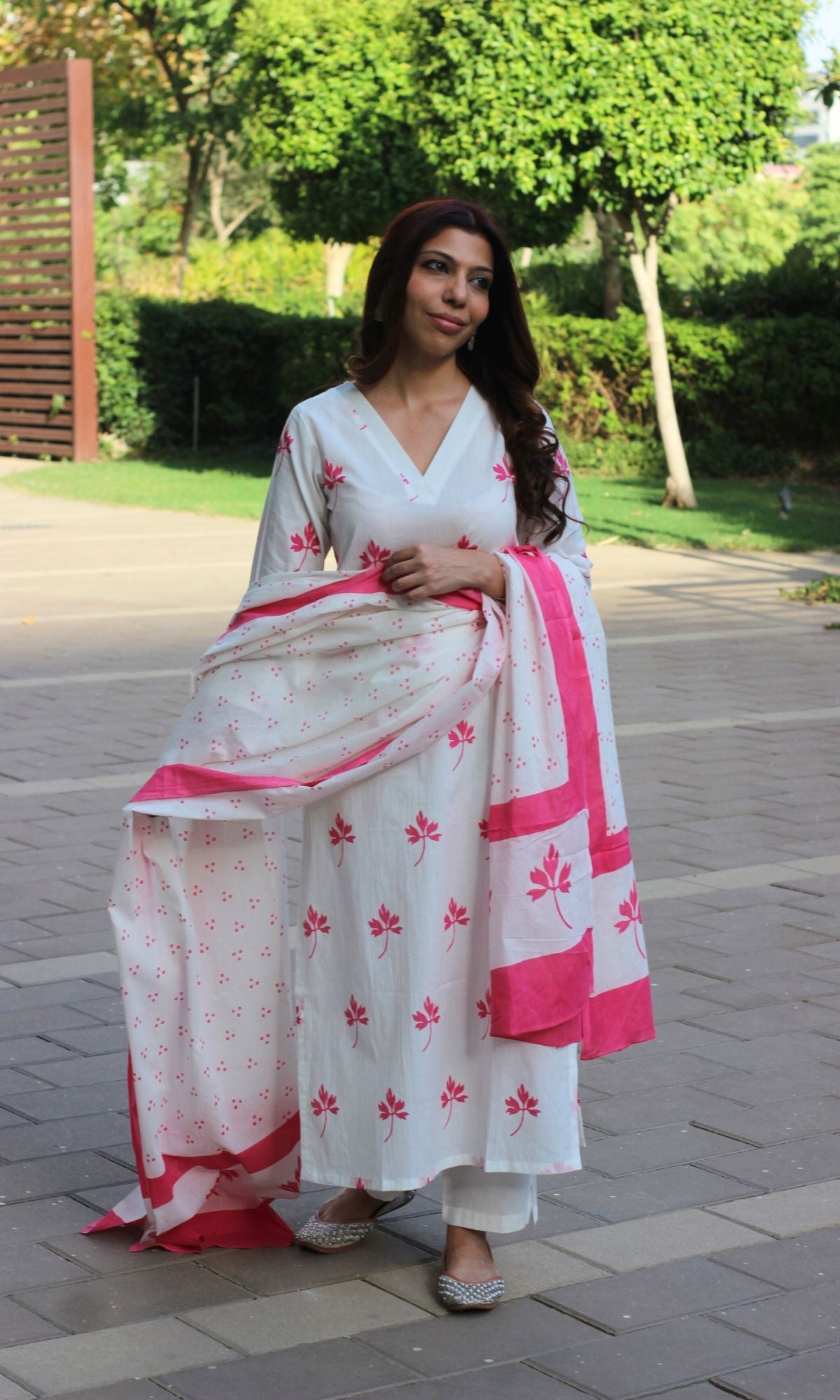 Cotton White and Pink Maple Print Suit Set with Cotton Printed Dupatta - Baareeki