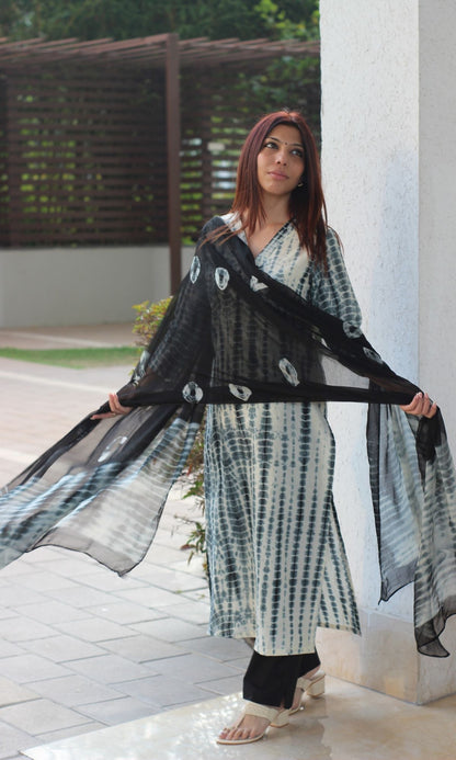 Cotton White & Black Tie & Dye Suit with Chiffon Tie & Dye Dupatta - Baareeki