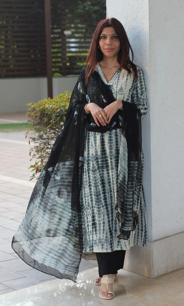 Cotton White & Black Tie & Dye Suit with Chiffon Tie & Dye Dupatta - Baareeki