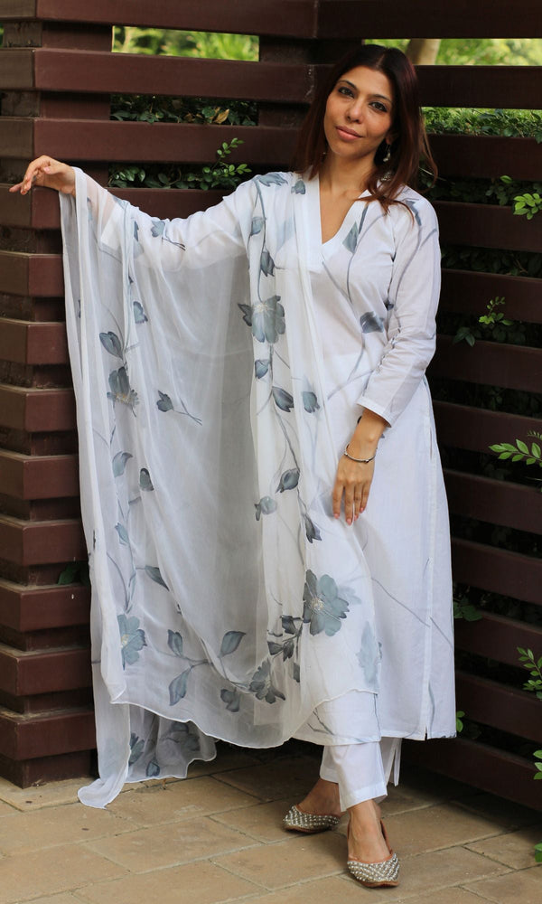 Cotton White & Steel Handbrush Suit Set with Chiffon Handpainted Dupatta - Baareeki