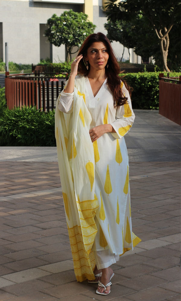 Cotton White & Yellow Ashoka Print Suit with Cotton Printed Dupatta - Baareeki