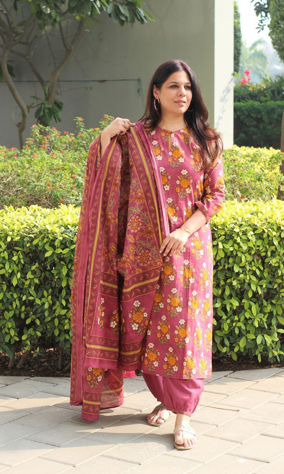 Cotton Wine Mughal Print Suit with Afghani Pants & Mul Cotton Printed Dupatta - Baareeki