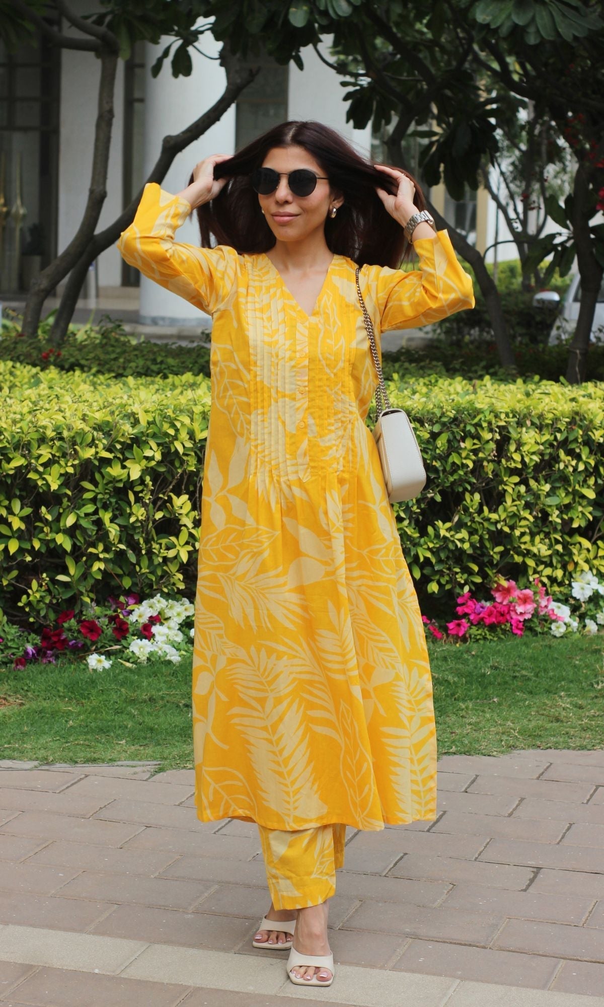 Cotton Yellow Big Leaf Pleated Kurta & Pants - Baareeki