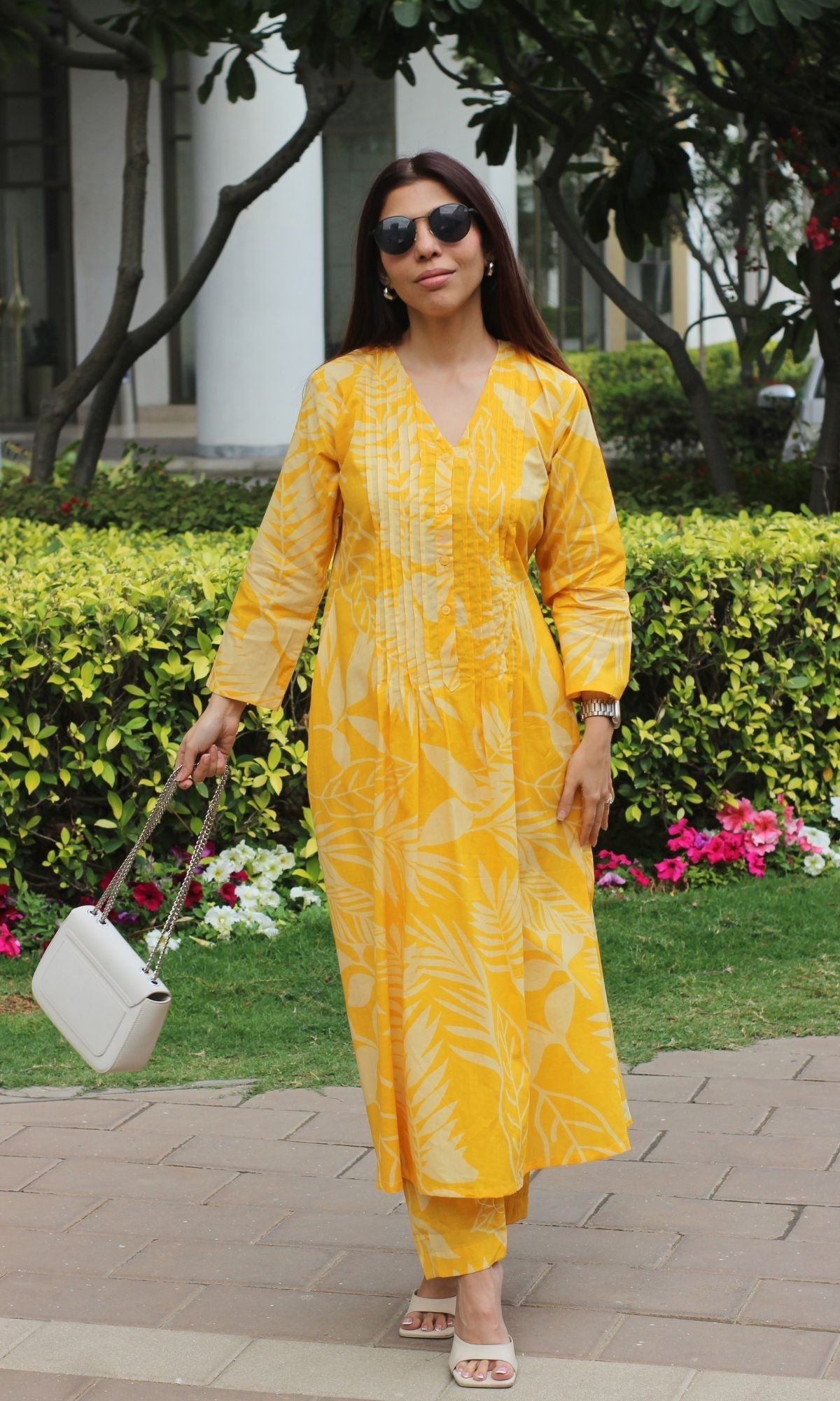 Cotton Yellow Big Leaf Pleated Kurta & Pants - Baareeki