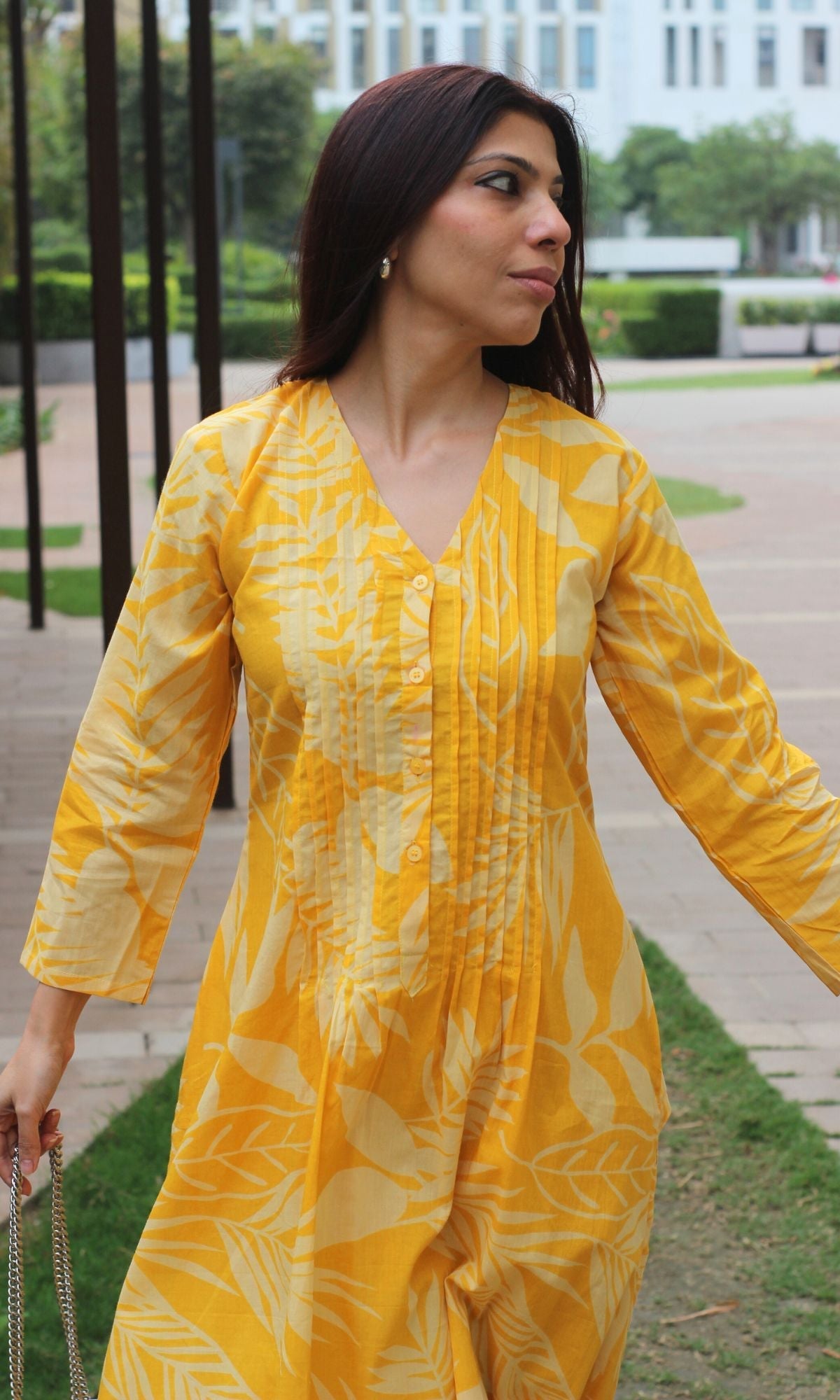 Cotton Yellow Big Leaf Pleated Kurta & Pants - Baareeki