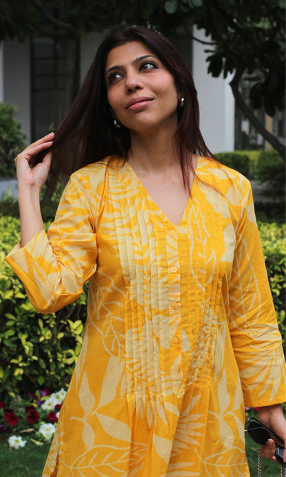 Cotton Yellow Big Leaf Pleated Kurta & Pants - Baareeki