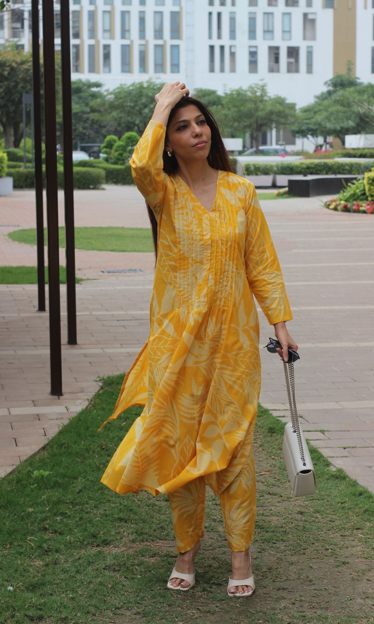 Cotton Yellow Big Leaf Pleated Kurta & Pants - Baareeki