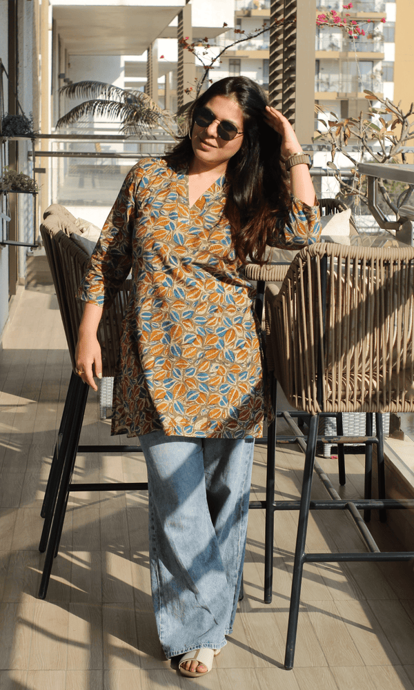 Cotton Yellow & Blue Leaf Print Kalamkari Short Kurta - Baareeki