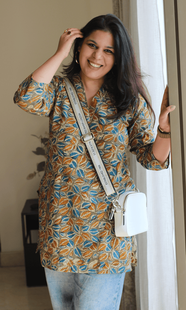 Cotton Yellow & Blue Leaf Print Kalamkari Short Kurta - Baareeki