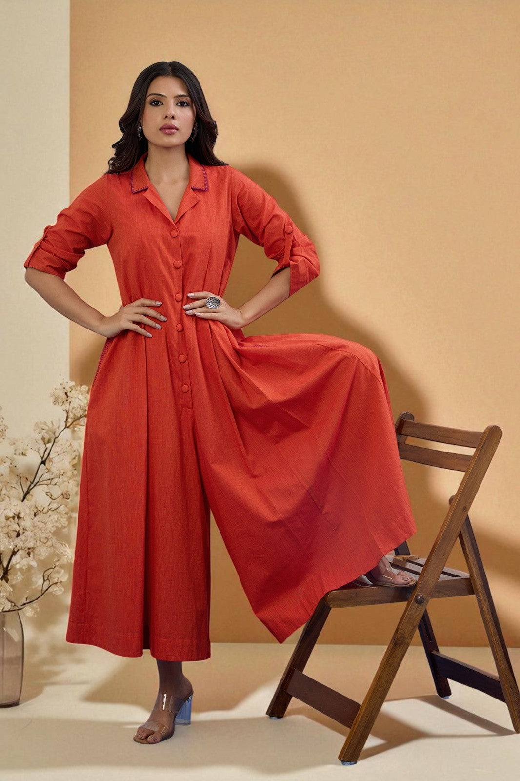 Maati Craft Saffron Sky Jumpsuit With Pockets & Collar
