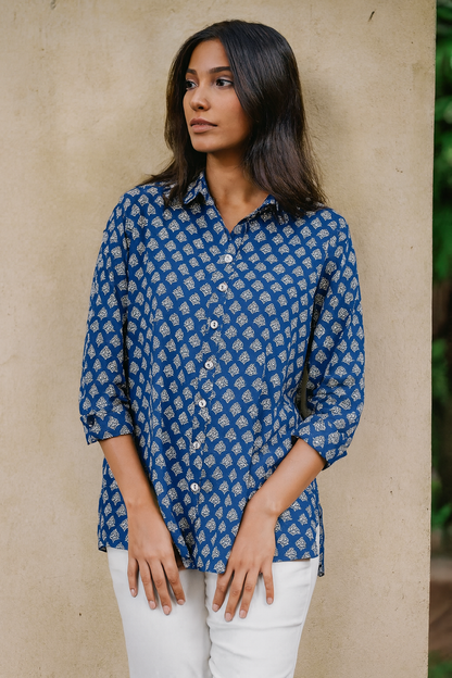 Maati  Blue Meadow Handblock Printed  Everyday Cotton Shirt