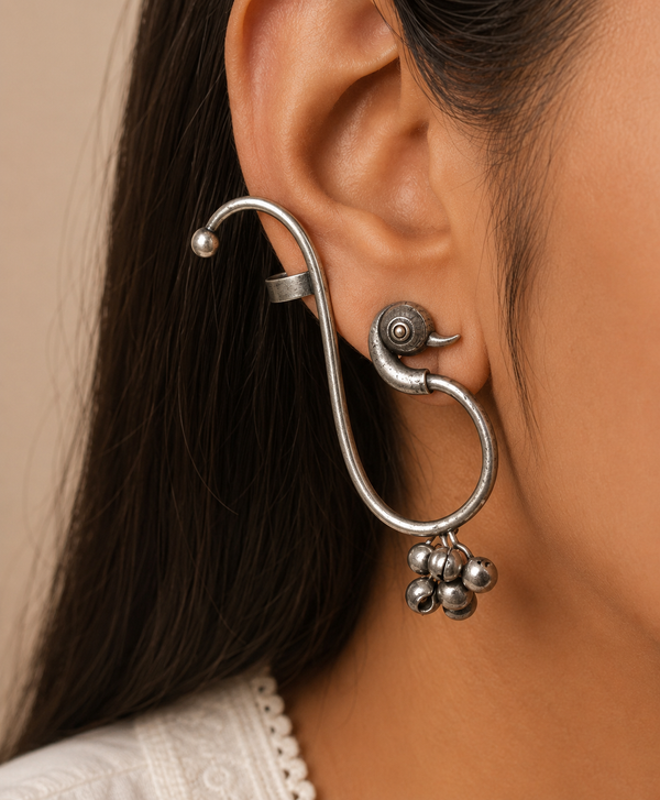 Caelum Silver Look Alike Peacock Oxidised Earcuffs Earrings