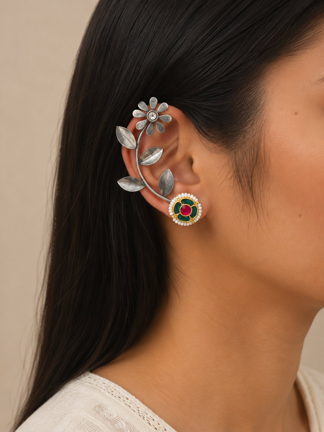 Moonlit Silver Look Alike Kundan Studded Earcuffs