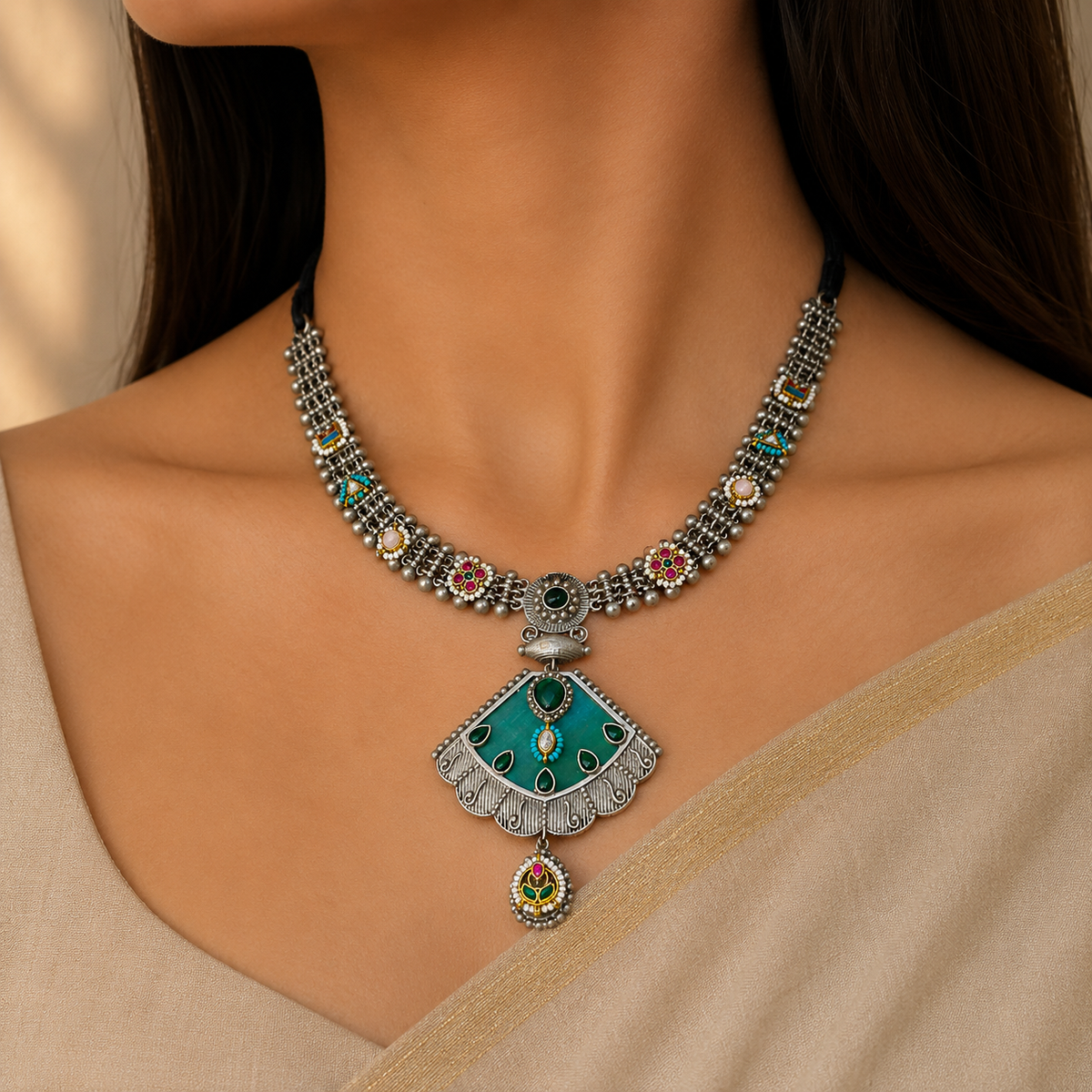 Pebble Kundan Enamel Traditional Necklace Set For Women