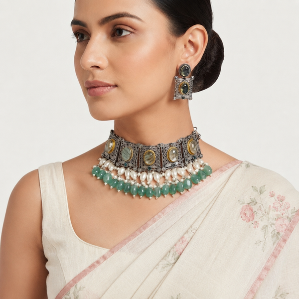 Frosty Silver Look Alike Oxidized Choker With Earrings