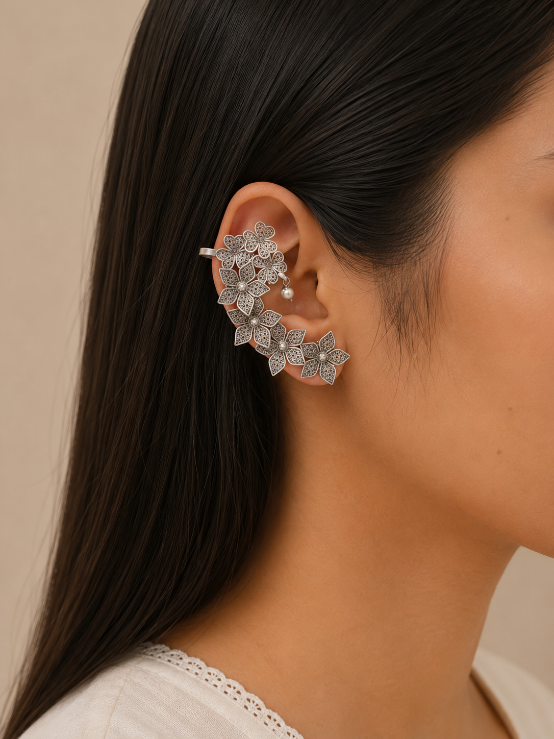 Snark Flower Cluster Oxidised Stylish Full Ear Cuffs
