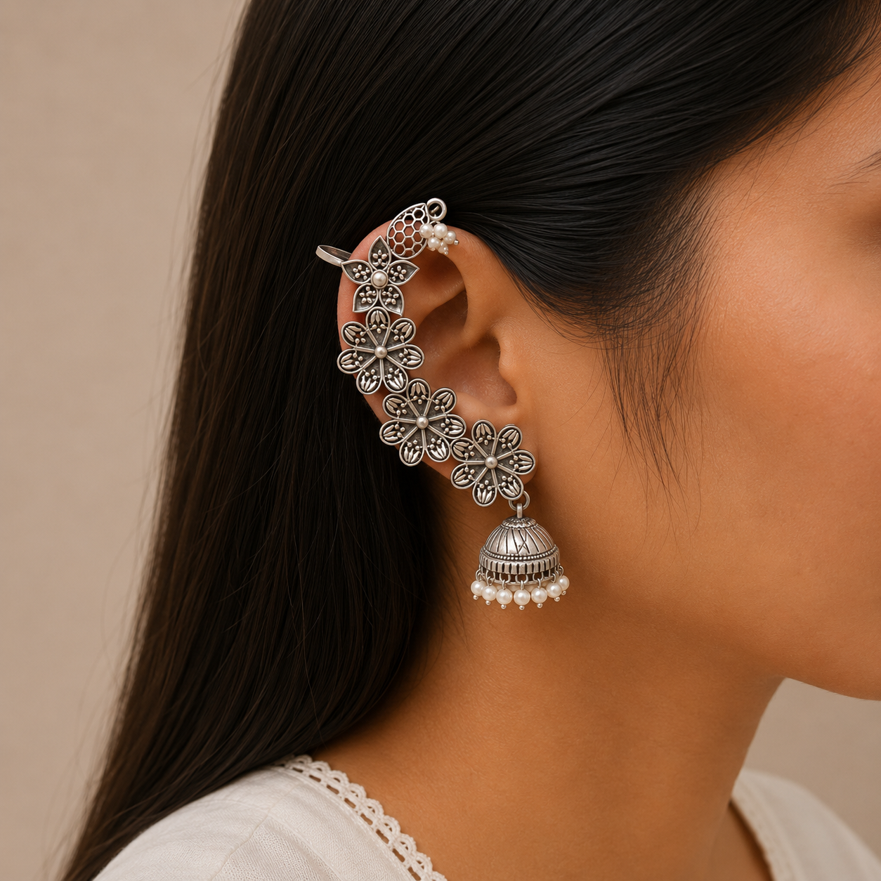 Verite Navratri Silver Oxidised Ear Cuffs With Jhumka