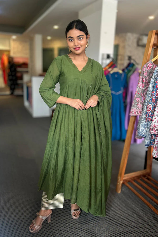 Malai Chanderi Salwar Suit with Stripe Pants Leaf Green