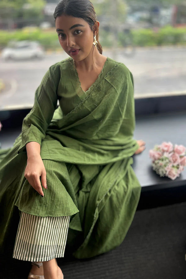 Malai Chanderi Salwar Suit with Stripe Pants Leaf Green
