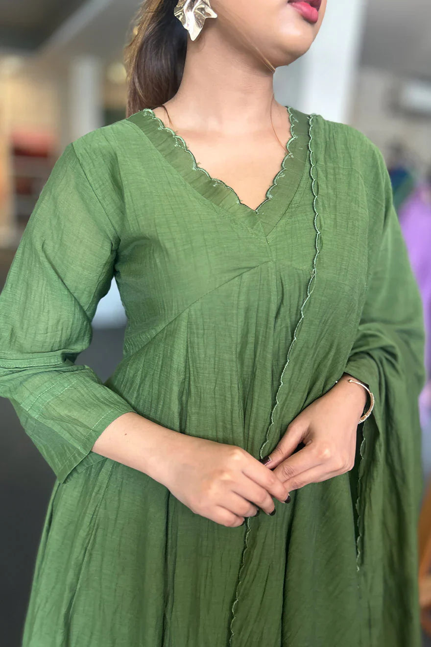 Malai Chanderi Salwar Suit with Stripe Pants Leaf Green