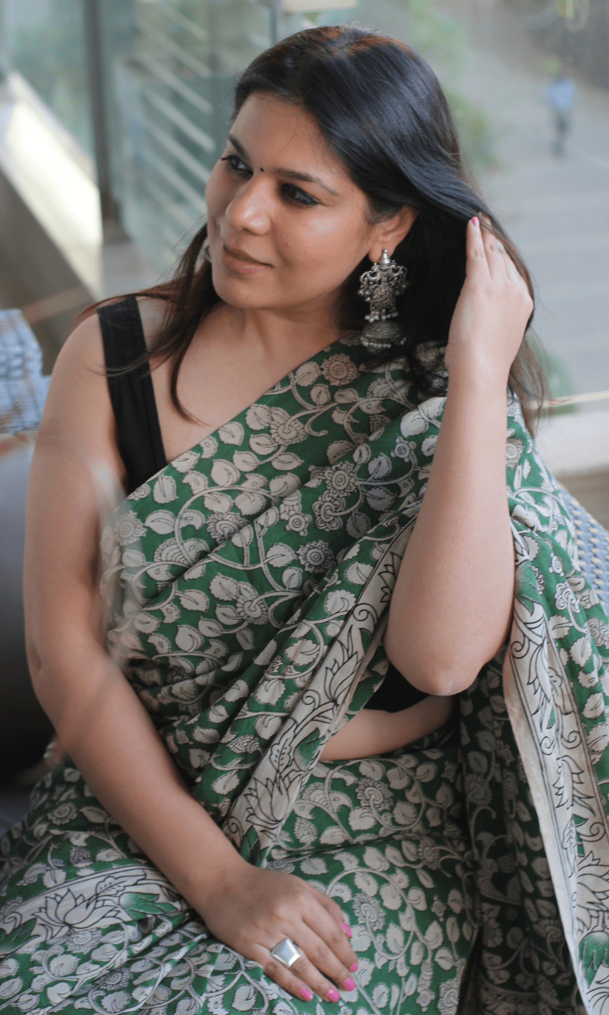 Green Handblock Kalamkari Silk Saree - Baareeki