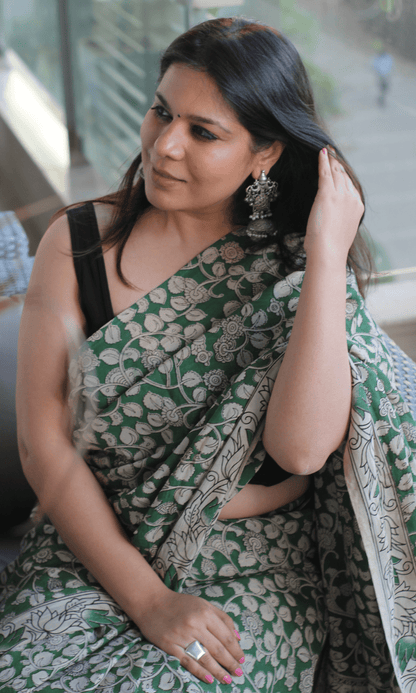 Green Handblock Kalamkari Silk Saree - Baareeki