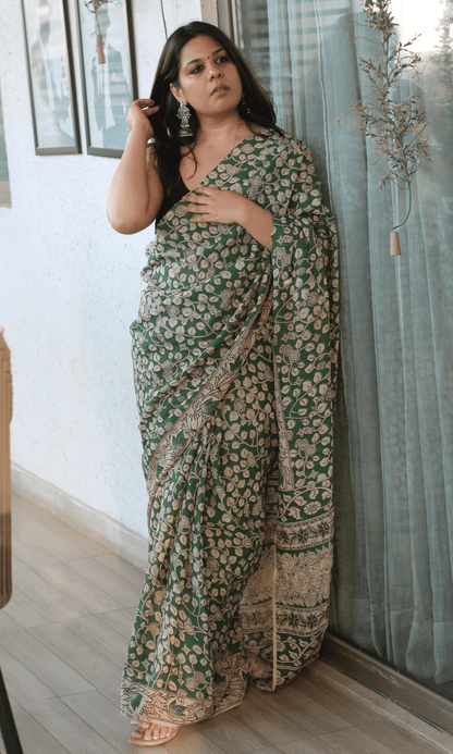 Green Handblock Kalamkari Silk Saree - Baareeki