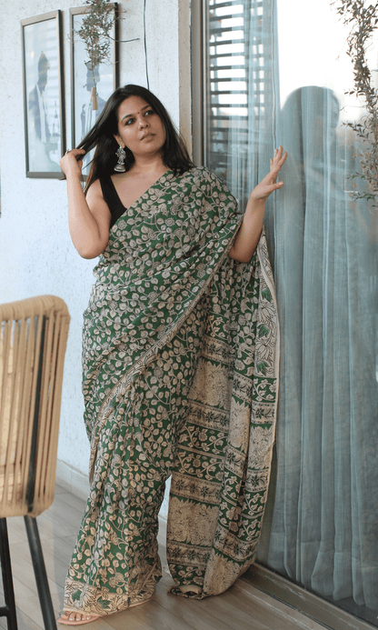 Green Handblock Kalamkari Silk Saree - Baareeki