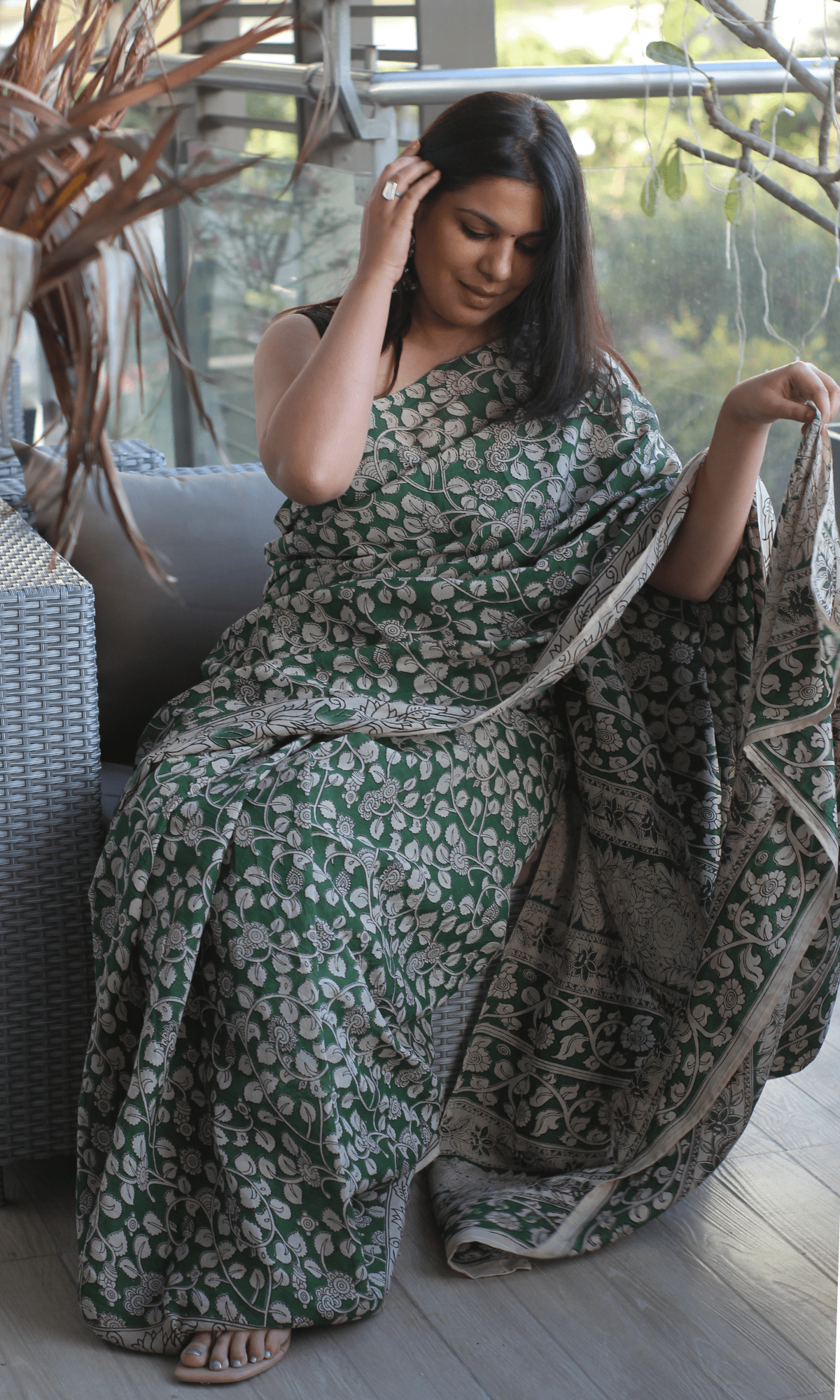 Green Handblock Kalamkari Silk Saree - Baareeki