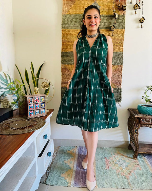 Bottle Green Ikat Aline Dress