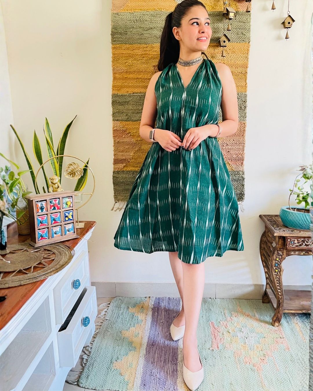Bottle Green Ikat Aline Dress