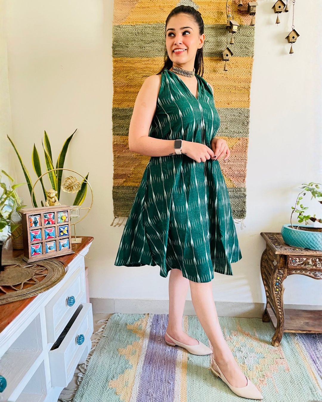 Bottle Green Ikat Aline Dress