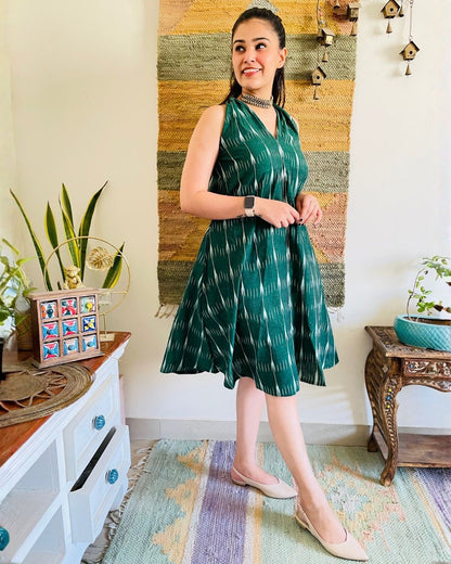 Bottle Green Ikat Aline Dress