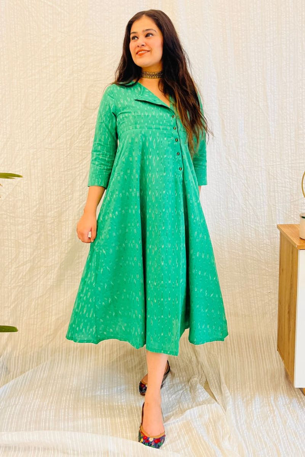 Green Ikat Angrakha Dress With Black Detail